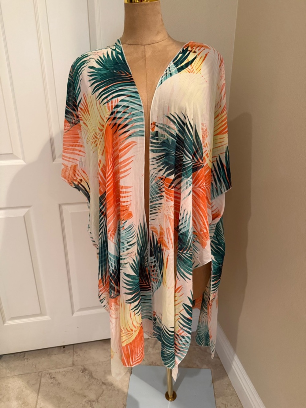 Tropical Palm Leaf Kimono Cover-Up in Coral & Teal